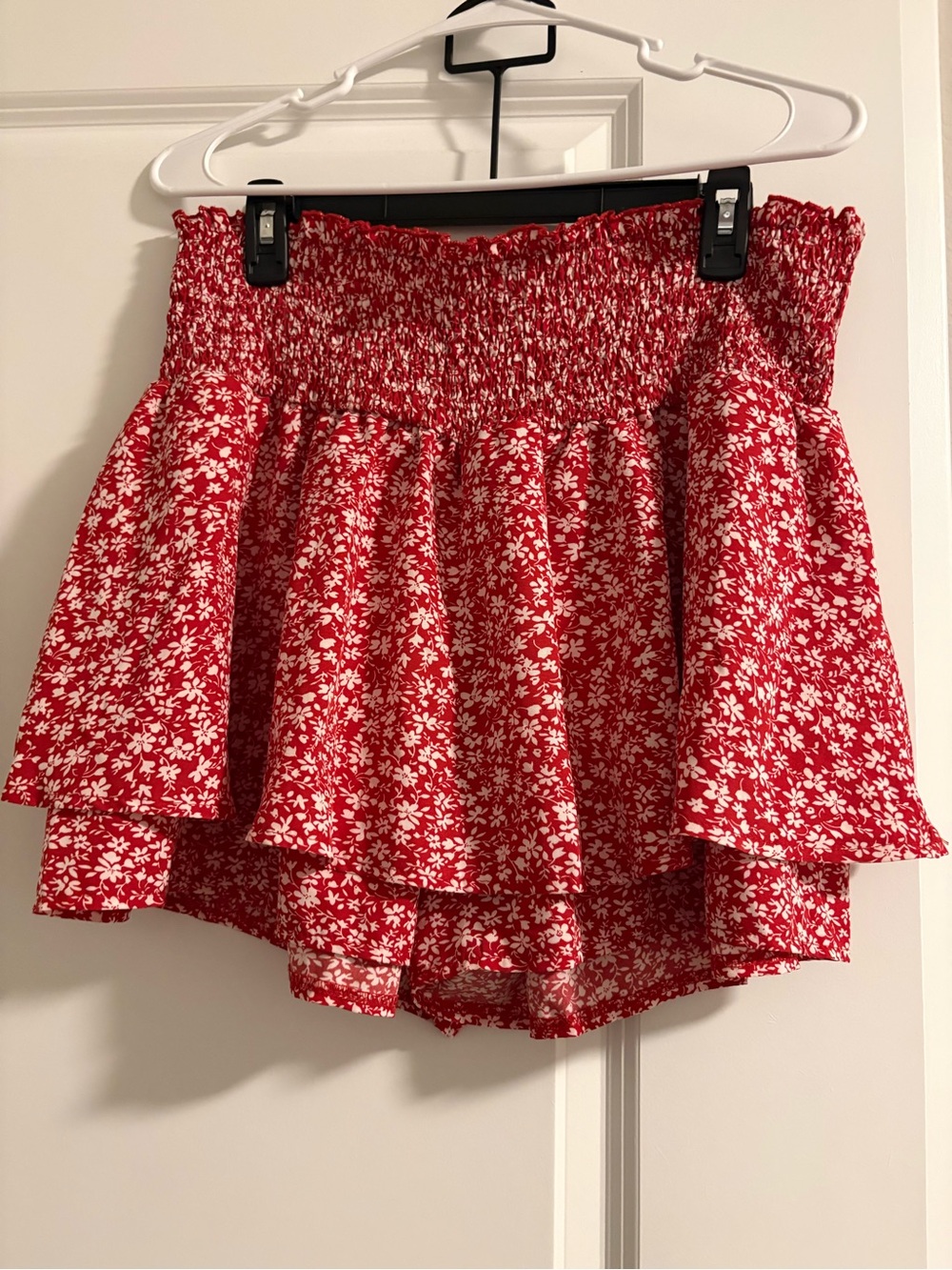 SHEIN Red Floral Smocked Tiered Skater Skirt